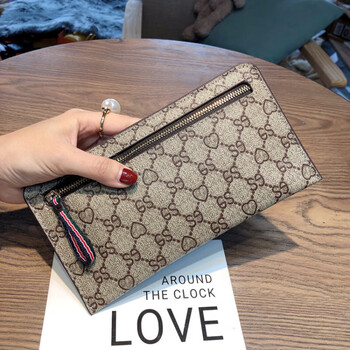 Chanel xiaoxiang european and american classic print unisex pu wallet women's thin long wallet zipper coin purse women's clutch apricot 3 card slots medium size small mobile phone