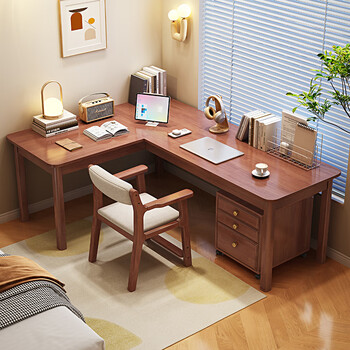 Meiyixuan solid wood corner desk bedroom 7-shaped computer desk corner desk home study corner student writing desk walnut color #single corner desk imported rubber wood without veneer 120cm*60cm*75cm auxiliary seat length 120cm