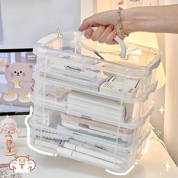 Feiyao desktop storage box with lid, transparent stationery storage box, bar badge millet storage box, dust-proof jewelry box, four-layer portable storage box, white and transparent, 1 piece
