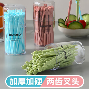 Chaosihui fruit fork disposable small fruit fork for home stall internet celebrity fruit pick toothpick cute cartoon bottle 50/bottle random color 500