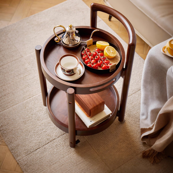 Green cocoa solid wood small coffee table with wheels, removable living room small table, sofa side table, small round table, round tea table, bedside storage rack, all solid wood round side table, walnut color