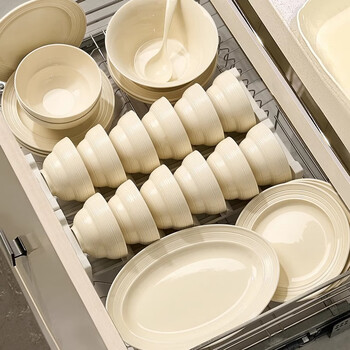 Baofuxiang cream-style bowl and dish set for home 2025 new high-looking bowls, plates, chopsticks, underglaze color plates, housewarming tableware set, cream thread-10 people, 50 pieces soup bowl