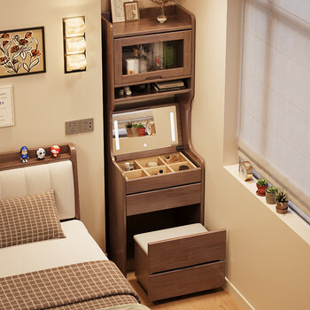 Fangjing solid wood dressing table small bedroom dressing table small apartment flip bedside desk bookshelf integrated storage locker black walnut color #with light + usb imported rubber wood without veneer 60cm*50cm*180cm