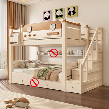 Tuoji all solid wood upper and lower beds, same width bunk bed, small apartment, simple high and low beds, children's bed and bunk bed, upper and lower beds + ladder cabinet + 5cm mattress, upper and lower same width 180*200cm