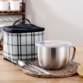 Lnga landgre germany imported quality stainless steel instant noodle bowl with lid soup bowl student lunch box canteen rice bowl fast food instant noodles 1.5l extra thick double base + chopsticks spoon + thermal bag