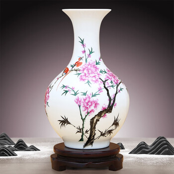 Proud jingdezhen ceramic small vase, new chinese style handicrafts, living room decorations, wine cabinet, office rack decoration, water point peach blossom appreciation bottle (with wooden rotating base)