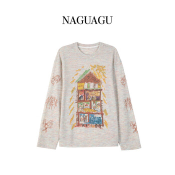 Space owen pumpkin valley artist hand-painted t early spring casual long-sleeved t-shirt wide top for women 2025 new design sense base color yarn beige. shipped within 2 days xs