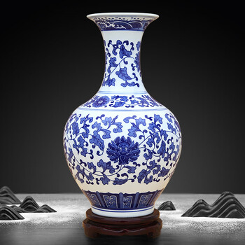 Proud jingdezhen ceramics blue and white porcelain vase handicrafts living room decorations entrance office archaeological shelves decorations large blue and white lotus lotus appreciation vase + base + certificate