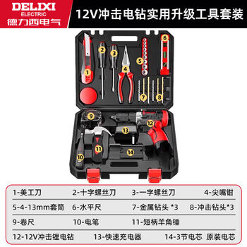 Delixi household lithium tool set hardware electrician woodworking repair multifunctional tool box 12v two-speed impact-practical