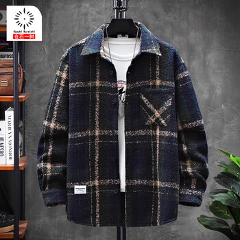 Kuraishi kazuki autumn and winter thickened brushed plaid jacket for men 2026 trendy brand loose woolen shirt collar jacket top blue xl 155-175 catties