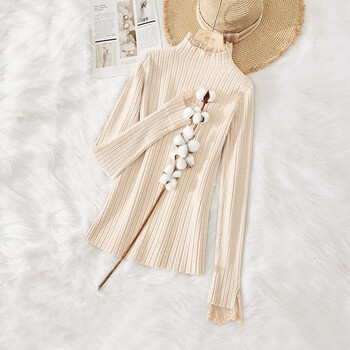 She pool bottoming shirt 2025 autumn new women's half turtleneck lace trim knitted inner slim fit top