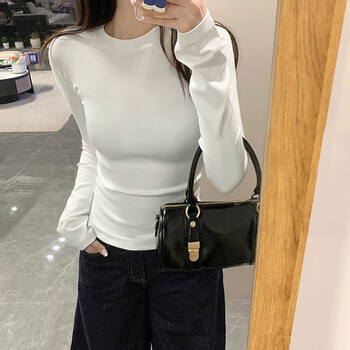 Yu zhaolin long-sleeved t-shirt right shoulder round neck bottoming shirt for women spring and autumn 2025 new style waist slimming outer knitted top