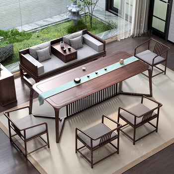 Black walnut tea table and chair arhat bed combination new chinese style simple one-piece tea table office living room home kung fu tea table set all solid wood dining table desk log large table 200+4 comb back + arhat bed (ash wood)