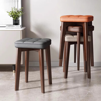 Nifeng soft-covered solid wood stool dining table and chair square stool can be stacked and sturdy, thickened soft-covered living room spare storage stool, microfiber leather, gray small size - walnut color wooden stool