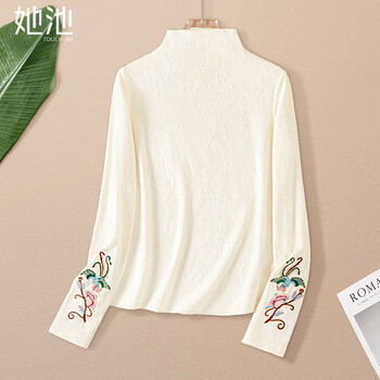 She pool embroidered bottoming shirt 2025 autumn new women's national style stand collar fashion long-sleeved slim top