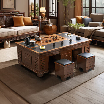 Z-tong furniture slate kung fu coffee table living room household household water boiler multifunctional integrated tea table office tea making table and chair walnut + solid wood tea tray (full tea set) 120*65 stainless steel bottom water
