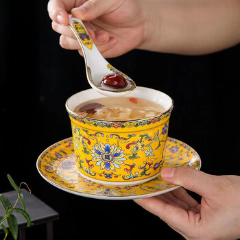 Wo zhiwo jingdezhen stew cup household small soup cup single ceramic soup cup with lid shark fin enamel hotel table setting phnom penh yellow wrapped branches three-piece set