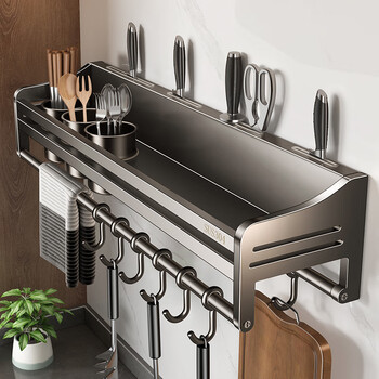 Mujia 304 stainless steel kitchen rack wall-mounted knife holder pot lid seasoning storage rack chopstick barrel kitchen utensils gun ash double cup 60cm + 4 knife slots + 10 hooks