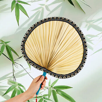 Tatanice handmade cattail leaf fan old-fashioned boneless cattail leaf fan antique brocade wrapped edge round blue