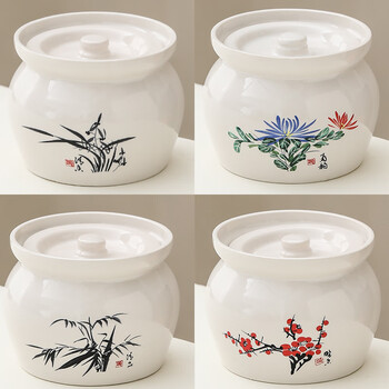 Shangfu clay pot simmering pot household commercial water-proof stew for one person steamed egg bowl soup bowl with lid stew pot ceramic soup pot 4 pieces fx white 500ml stew pot - plum, orchid, bamboo and chrysanthemum 500ml