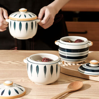 Dingdan water-proof stew pot ceramic with lid double-eared bird's nest small soup cup liner for one person steamed egg cup tonic stew pot small soup bowl small stew pot-wood grain free spoon
