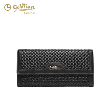 Goldlion 2025 hot model women's long wallet cowhide large capacity fashion simple handheld small bag coin purse trendy black
