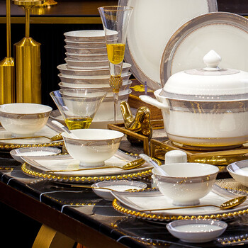 Yang qintang bowl household 2025 new high-end bone china tableware set bowl and plate combination jingdezhen ceramic dishes housewarming gift hilton | high temperature underglaze color | leather box packaging 66 pieces