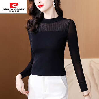 Pierre cardin black hot diamond bottoming shirt women's mesh new spring and autumn slim fashion fashionable long sleeve lace shirt top black 1690# m 85-95 catties