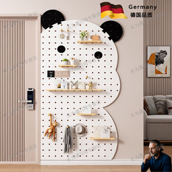 German quality solid wood storage hole board hanging board wall decorative partition shelf desk background wall display stand cute bear combination black 1 layer 80*2*180cm