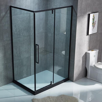 Fancychic can customize minimalist l-shaped bathroom glass partitions for bathing, flat door shower rooms, high-end private customization, matte black stainless steel, transparent glass, high-end private customization