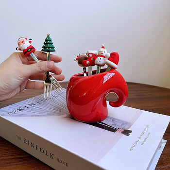 Ye yuxin's creative christmas internet celebrity ceramic fruit high-looking stainless steel household fork ins cute new christmas internet celebrity ceramic red elephant with six forks new internet celebrity christmas ceramic elephant welfare