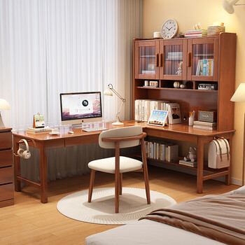 Meiyixuan solid wood corner desk bookshelf integrated table middle school student home l-shaped writing desk bedroom corner 7-shaped computer desk walnut color # desk 160x60x186cm auxiliary seat length 120cm