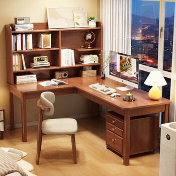 Meiyixuan solid wood corner desk bookshelf integrated desk small apartment semi-surrounded writing desk l-shaped computer desk 7-shaped desk walnut color # single desk with bookshelf 120*60*125cm corner length 120cm
