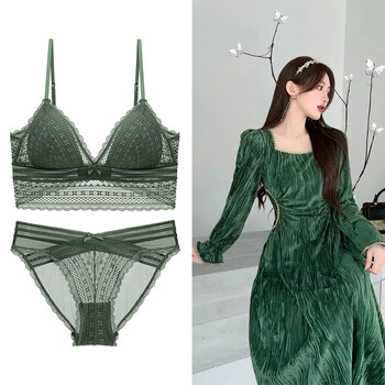 Victoria palace wireless underwear set french style underwear sexy thin triangular cup u-shaped beautiful back large backless lace bra dark green xl