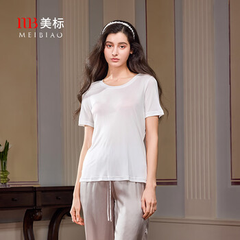 American standard new short sleeve silk blended t-shirt women's summer thin simple cool bottoming shirt solid color top home clothing white l (165/88a)