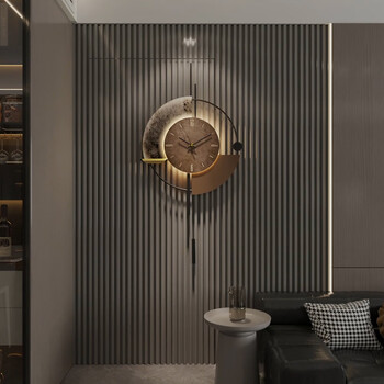 Feiniaoji 2026 new living room wooden grille clock wall-modern simple clock wall clock high-end home wall watch 42x80cm voice controlled luminous-battery model free battery
