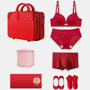 Miss polly's red wedding underwear, bride and groom couple set, a pair of small chest push-up men and girls, new wedding box, women's underwear set + men's underwear + gift package 2 l women's suit (36/80abc universal) men's underwear 2xl recommended 130-150 pounds