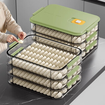 Wellmeet dumpling storage box for refrigerator, food-grade freezing, special kitchen quick-frozen dumpling crisper tray, wonton hand, green, 2 layers, non-stick bottom - holds 140 dumplings