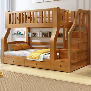 Laikexuan children's solid wood bunk beds for boys and girls, high and low bunk beds, walnut ladder cabinets, upper bunk 160, lower bunk 180