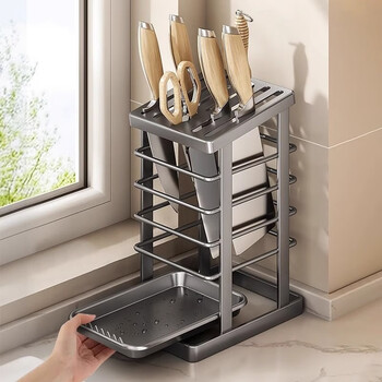 Kitchen knife rack knife storage rack multifunctional kitchen knife storage rack countertop knife rack drainable knife holder storage rack gun gray knife rack drainage tray - rusty bud compensation