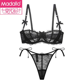 Modal sexy half cup underwear women's lace transparent thin large size bra set push-up bra big breasts make smaller black strappy thong set 75e 34