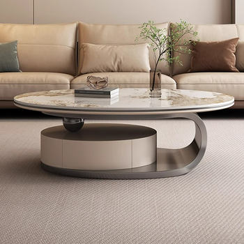 Meethello light luxury slate coffee table oval modern simple living room home size combination designer stainless steel 1.2 meter gray titanium coffee table with drawer stainless steel base + slate countertop