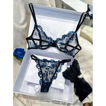 Victoria's style sexy secret tin type red apricot floral embroidery lace mesh see-through bra set sexy royal charm black blue (bra bottoms stockings) s (70abc)