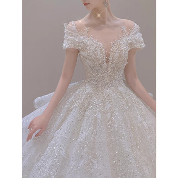 Seasonal floor-length wedding dress for the bride 2025 new textured one-shoulder french heavy industry retro large tail wedding dress summer floor-length wedding dress without accessories s about 90 pounds