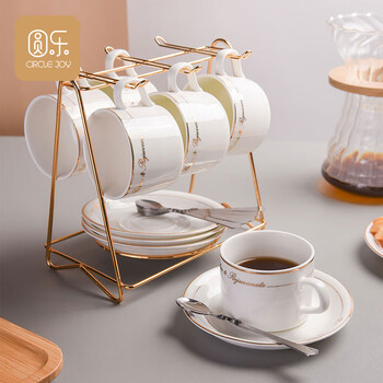 Yuanle coffee cup and saucer set european-style gold-rimmed ceramic cup western-style black tea cup breakfast cup milk cup 6 cups 6 saucers 6 + cup holder