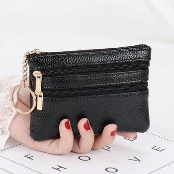 Coin purse women's short genuine leather wallet multifunctional driver's license card holder soft leather key bag zipper silver coin bag coin purse lychee sanla-black regular edition
