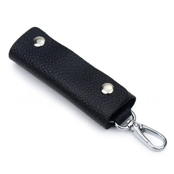 Dingtianliying's new first-layer cowhide key bag waist hanging men's mini small key buckle bag simple genuine leather women's key storage cover black