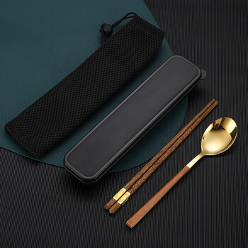 Lnga landgre german imported high-quality chopsticks and spoon set wooden chopsticks portable tableware for student dormitory for one person with high appearance (including storage bag + box)-gold square handle 2-piece set