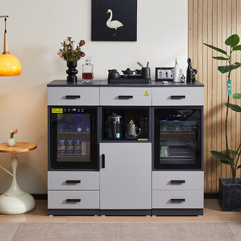 2025 new smart tea bar machine with refrigerator, disinfection, freezing, refrigeration, drinking water and ice machine, office use combination cabinet, gray hot and cold type, three-door refrigeration/sterilization/health group 420*470*1090