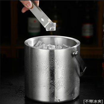Yunxu 304 stainless steel ice bucket champagne bucket bar ktv ice bucket home ice storage bucket double-layer ice bucket thickened with lid silver 2.0l